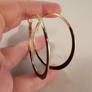 18K Yellow Gold Plated 925 Silver Black Enamel Big Hoop Earrings Gorgeous Gift